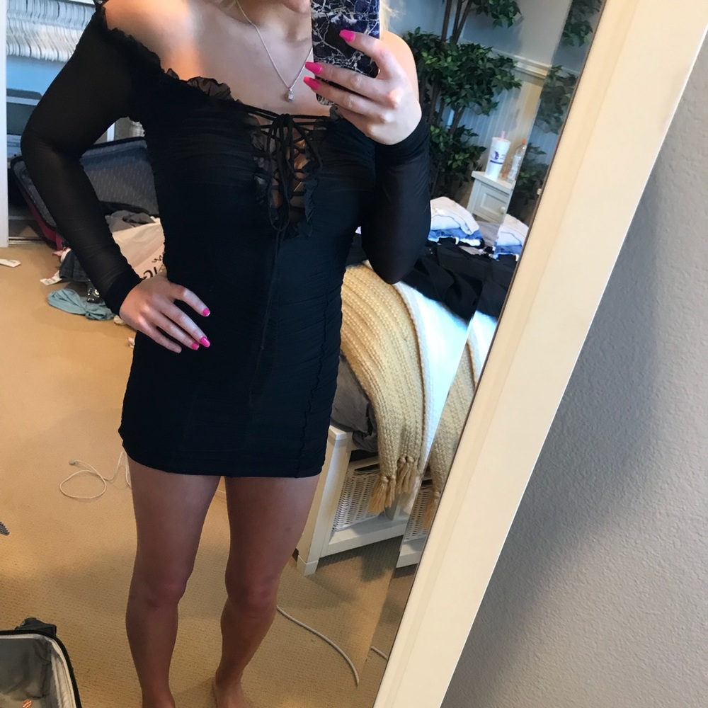 Strapless sheer arm bodycon dress